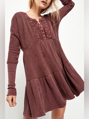 Free People Jolene Dress Womens Small Red Thermal Henley Trapeze Tunic Mini